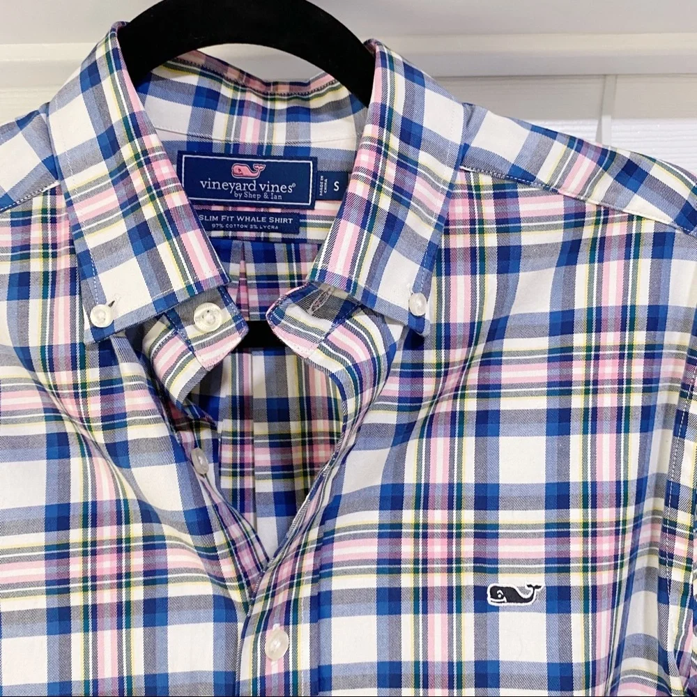 Vineyard Vines Slim Naushon Plaid Whale Shirt Men’s Blue Pink White Size Small - Picture 3 of 8